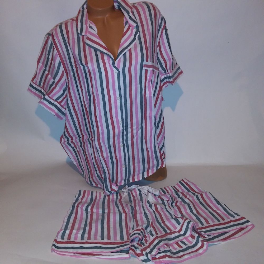 Victoria Secret Pajama Set Top & Bottom XXL 2X White Stripe Flannel Sleepwear